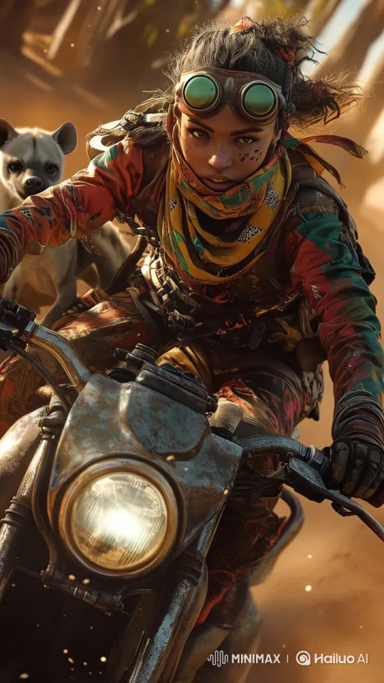 Adventurous Rider and Hyena Race Through Dusty Landscape – AI Generated Video | Hailuo AI