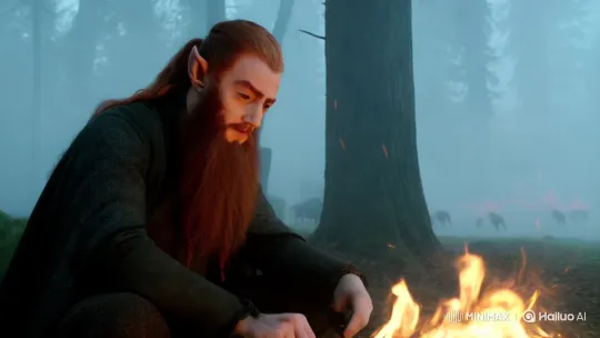 Man Contemplates by Crackling Campfire in Misty Forest – AI Generated Video | Hailuo AI