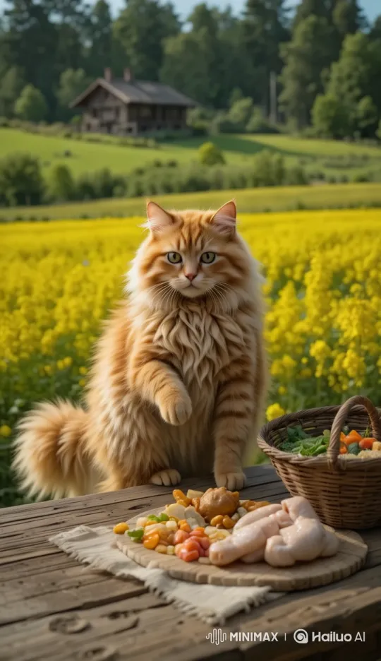Cat Prepares Ingredients in Peaceful Mustard Field – AI Generated Video | Hailuo AI