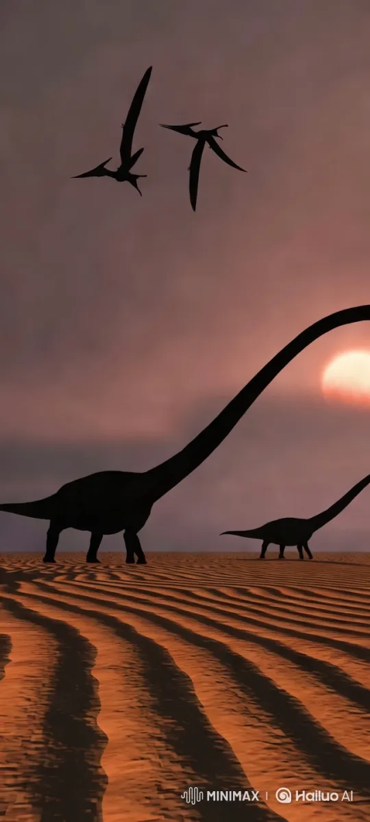 Prehistoric Serenity: Dinosaurs in Desert Sunset – AI Generated Video | Hailuo AI