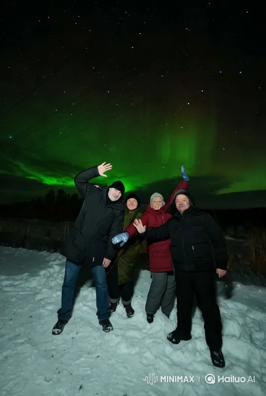 Dreamy scene where people dance with flying whales against the backdrop of the Northern Lights – AI Generated Video | Hailuo AI