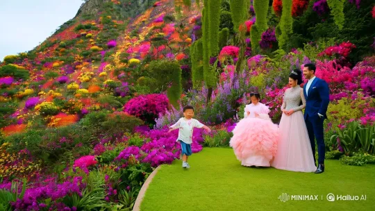 Family Enjoying Blissful Moment in Lush, Flower-Adorned Paradise – AI Generated Video | Hailuo AI