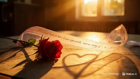Romantic Aesthetic: Rose and Ribbon on Golden Light Table – AI Generated Video | Hailuo AI