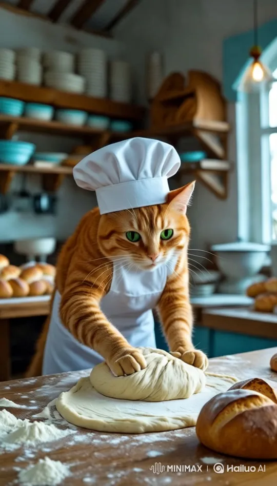 Orange Cat Kneads Dough in Cozy Seaside Bakery – AI Generated Video | Hailuo AI