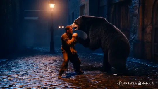 Tramp Battles Ferocious Bear in Gritty Alley Fight – AI Generated Video | Hailuo AI