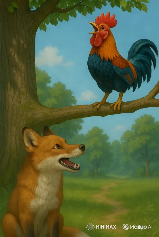 Colorful Rooster Announces Village Festival to Curious Fox – AI Generated Video | Hailuo AI