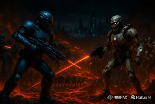 Armored Soldiers Battle Amidst Fiery Battlefield – AI Generated Video | Hailuo AI