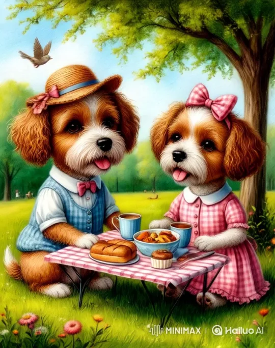 Dogs in Vintage Attire Enjoy a Whimsical Picnic – AI Generated Video | Hailuo AI