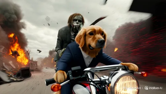 Golden Retriever in Suit Skillfully Rides Motorcycle Amidst Action Chaos – AI Generated Video | Hailuo AI
