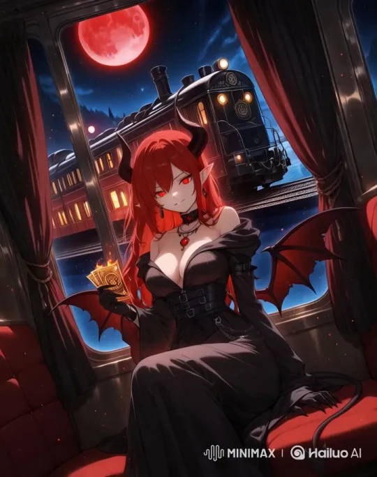 Mysterious Demon Woman Observes Nightscapes in Luxury Train – AI Generated Video | Hailuo AI