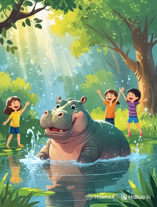 Animated Hippo Plays Joyfully with Children in Enchanted Forest – AI Generated Video | Hailuo AI
