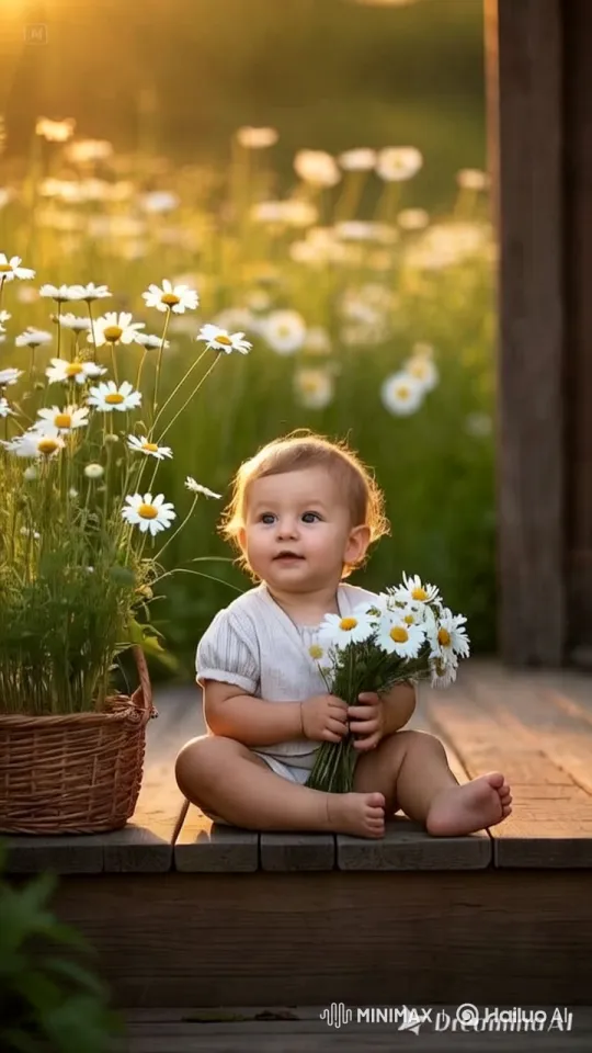 Child with Daisies in Golden Light Serene Garden – AI Generated Video | Hailuo AI