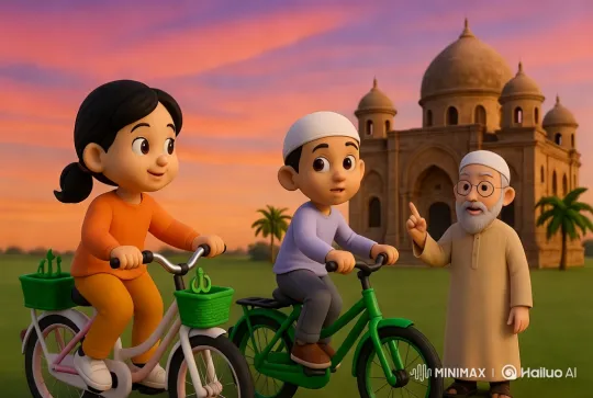 Children Cycling by Mosque at Sunset – AI Generated Video | Hailuo AI