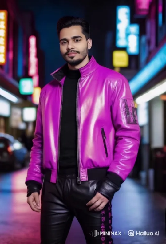 Vibrant Cityscape: Metallic Pink Jacket in Neon Night – AI Generated Video | Hailuo AI
