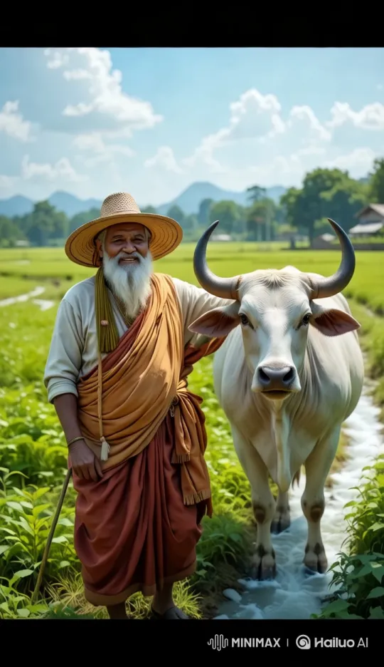 Elderly Man Bonds with His Healthy Cow on Peaceful Farm – AI Generated Video | Hailuo AI
