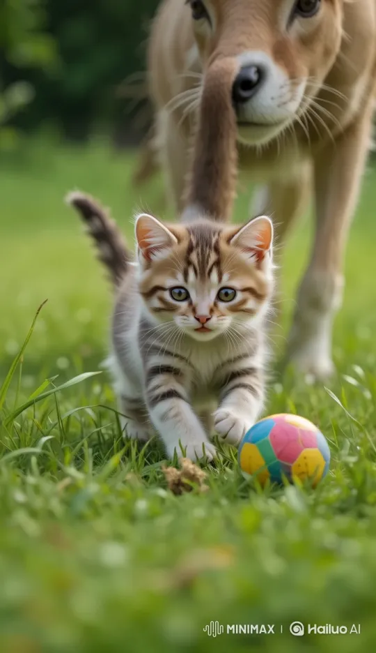 Realistic Animated Kitten Chasing Ball in Sunny Garden – AI Generated Video | Hailuo AI