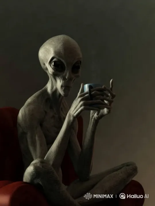 Humanoid Figure Sips Beverage in Artful Setting – AI Generated Video | Hailuo AI