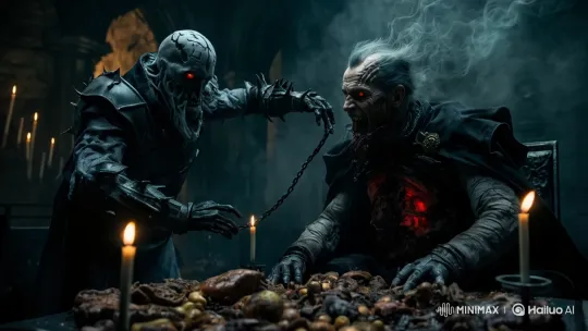 Dark Armored Figure Strangles Seated Figure – AI Generated Video | Hailuo AI