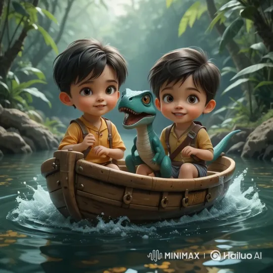 Boys and Dinosaur Adventure in Jungle Canoe – AI Generated Video | Hailuo AI