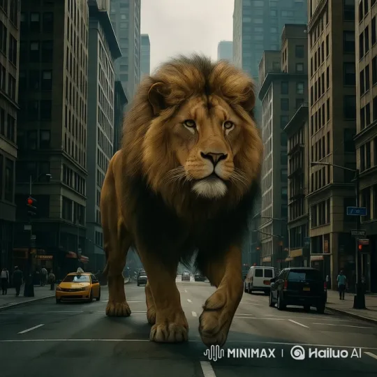 Majestic Lion Walks Through Bustling City Streets – AI Generated Video | Hailuo AI