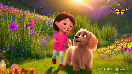 Child and Dog Dance Joyfully in Animated Meadow – AI Generated Video | Hailuo AI