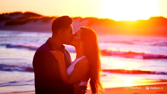 Couple's Romantic Kiss on Golden Hour Beach – AI Generated Video | Hailuo AI