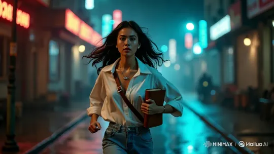 Ridima's Determined Run Through Neon-Lit Mist – AI Generated Video | Hailuo AI