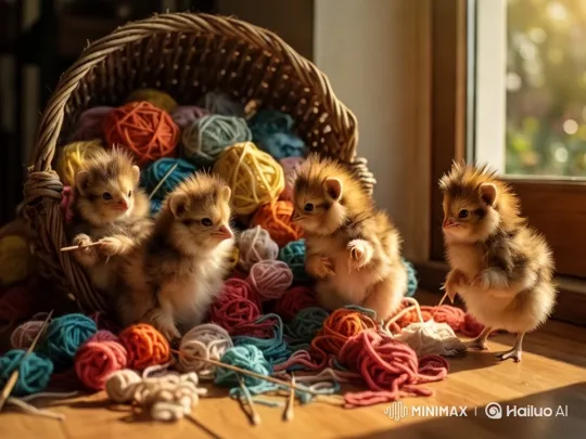 Baby Griffins Play in Colorful Yarn Basket – AI Generated Video | Hailuo AI