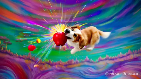 Dog with Apple Explodes in Whimsical Surreal Scene – AI Generated Video | Hailuo AI