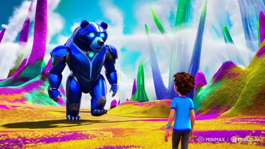 Blue Robot Bear Meets Boy in Surreal Landscape – AI Generated Video | Hailuo AI