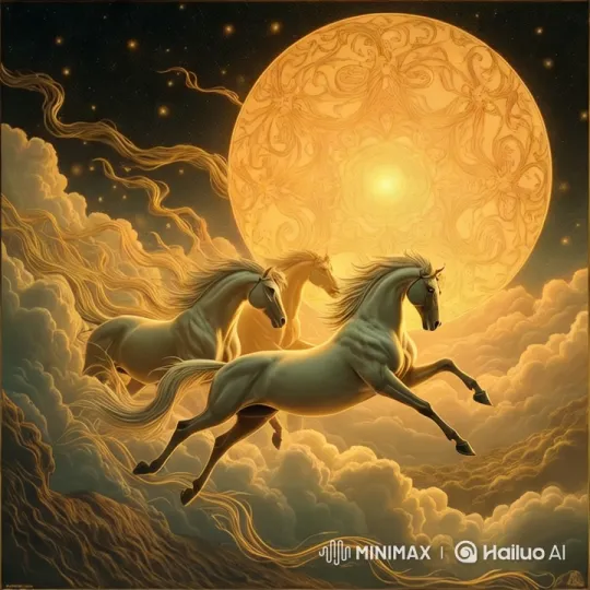 Majestic Horses Run Through Clouds in Enchanting Sunrise – AI Generated Video | Hailuo AI