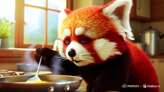 Red Panda Cooks Eggs in Cozy Morning Kitchen – AI Generated Video | Hailuo AI