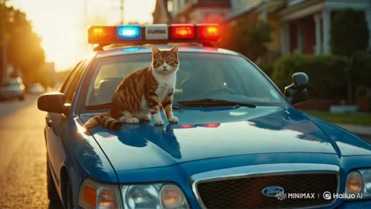 Curious Tabby Cat on Flashing Police Car in Suburban Serenity – AI Generated Video | Hailuo AI