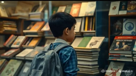 Boy's Hopeful Gaze on Books Amidst Inequality – AI Generated Video | Hailuo AI