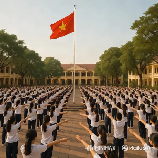 Synchronized Student Parade with Flag in Schoolyard – AI Generated Video | Hailuo AI