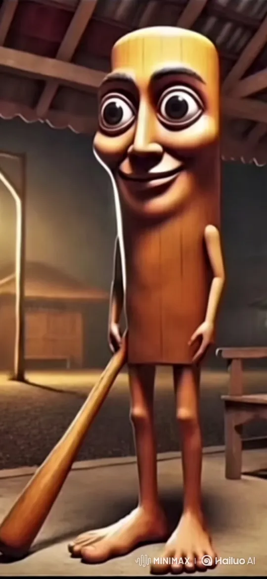 Wooden Figure with Bat Under Rustic Roof – AI Generated Video | Hailuo AI