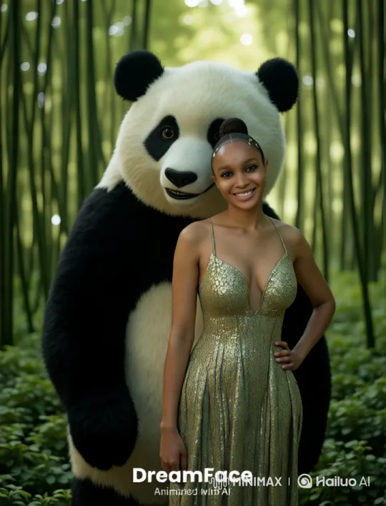 Panda Embraces Lady in Golden Bamboo Forest – AI Generated Video | Hailuo AI