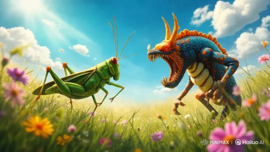 Giant Grasshopper vs. Dragon Creature in Aerial Battle – AI Generated Video | Hailuo AI