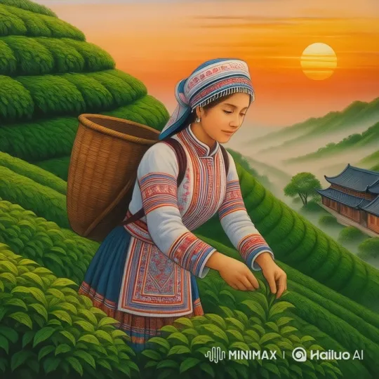 Traditional Girl in Tea Fields at Sunset – AI Generated Video | Hailuo AI