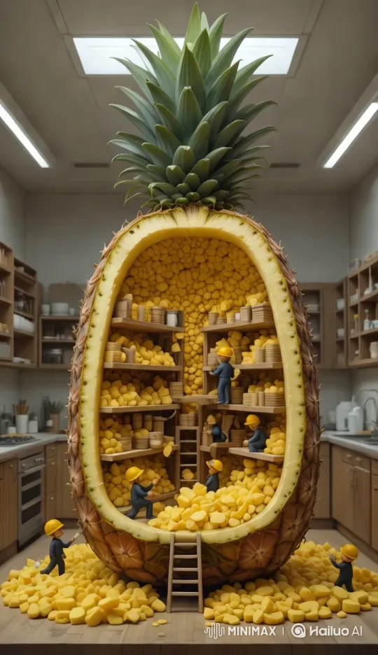 Tiny Workers Organize Pineapple Treasure in Miniature World – AI Generated Video | Hailuo AI