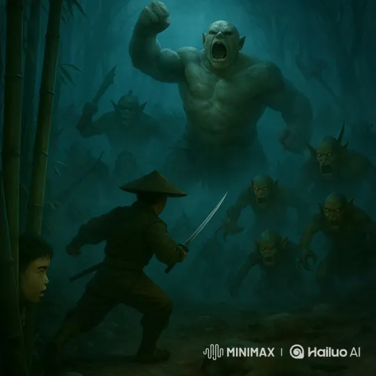 Warrior Evades Ogres in Bamboo Forest Chase – AI Generated Video | Hailuo AI