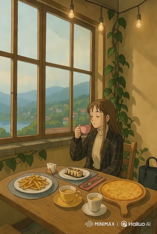 Cozy Café Scene with Woman Enjoying Meal – AI Generated Video | Hailuo AI