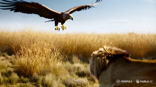 Eagle and Lion: Majestic Struggle on the Savannah – AI Generated Video | Hailuo AI