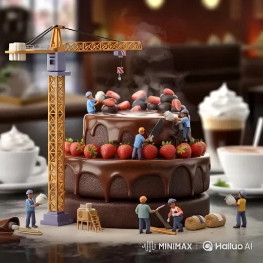 Miniature Builders Craft Lavish Chocolate Cake – AI Generated Video | Hailuo AI