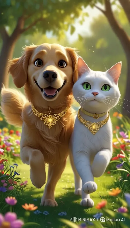 Golden Retriever and White Cat Run in Harmony Through Enchanting Park – AI Generated Video | Hailuo AI