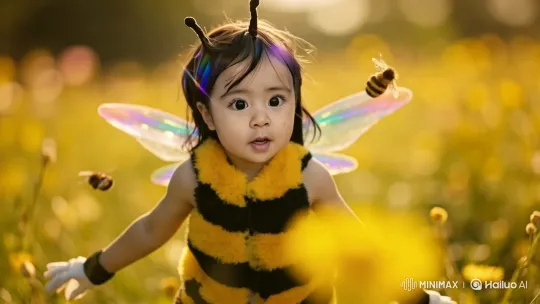 Child in Bee Costume Explores Flower Field – AI Generated Video | Hailuo AI