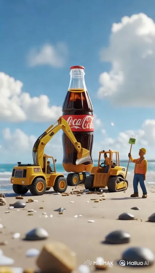 Miniature Beach Workers Clean Up and Remove Giant Bottle – AI Generated Video | Hailuo AI