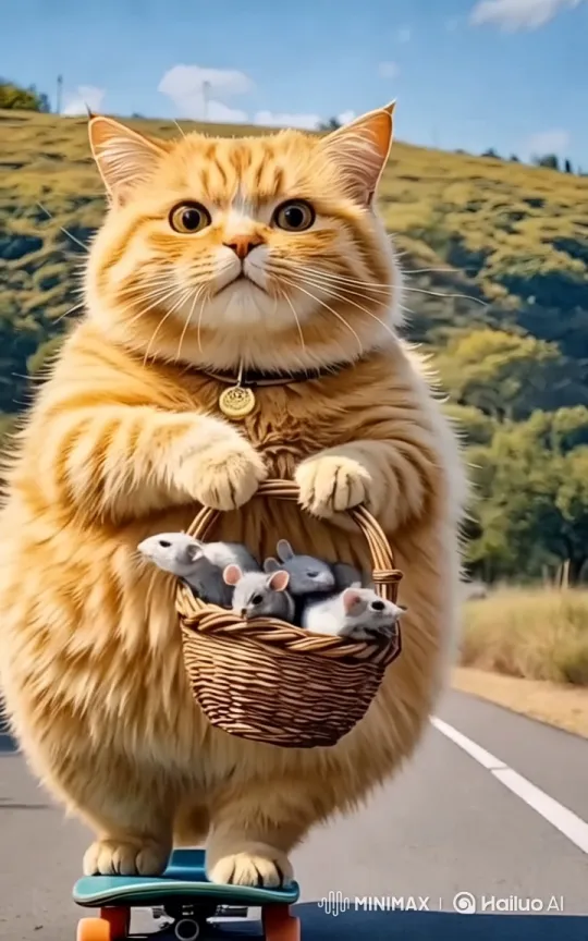 Ginger Cat on Skateboard with Mice in Pastoral Setting – AI Generated Video | Hailuo AI