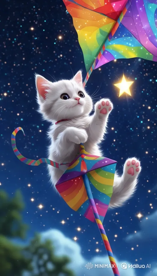 Kitten Touches Star on Magical Night Sky Kite Ride – AI Generated Video | Hailuo AI