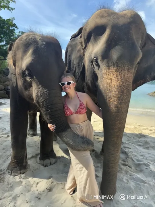 Girl and Elephants Share Tender Moment on Beach – AI Generated Video | Hailuo AI